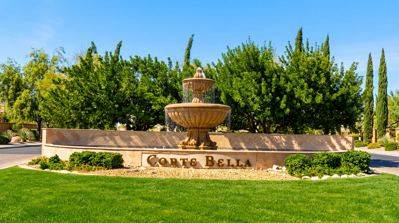 Corte Bella fountain and community entry sign in Sun City West, Arizona