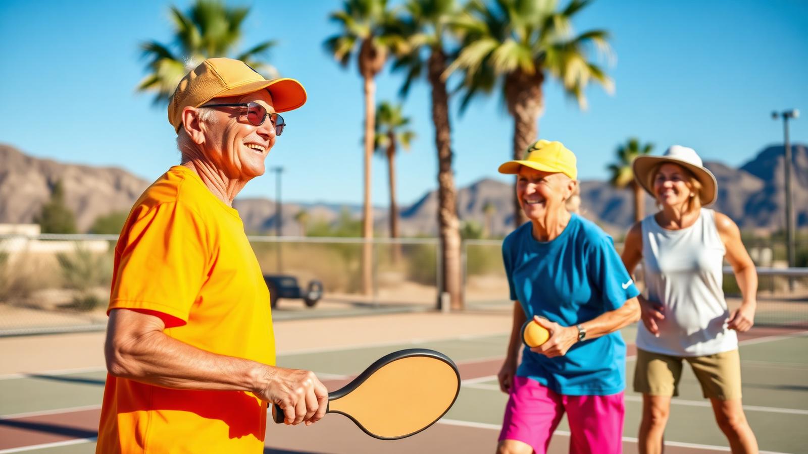Active adults laughing during a pickleball match on outdoor courts in Arizona's West Valley